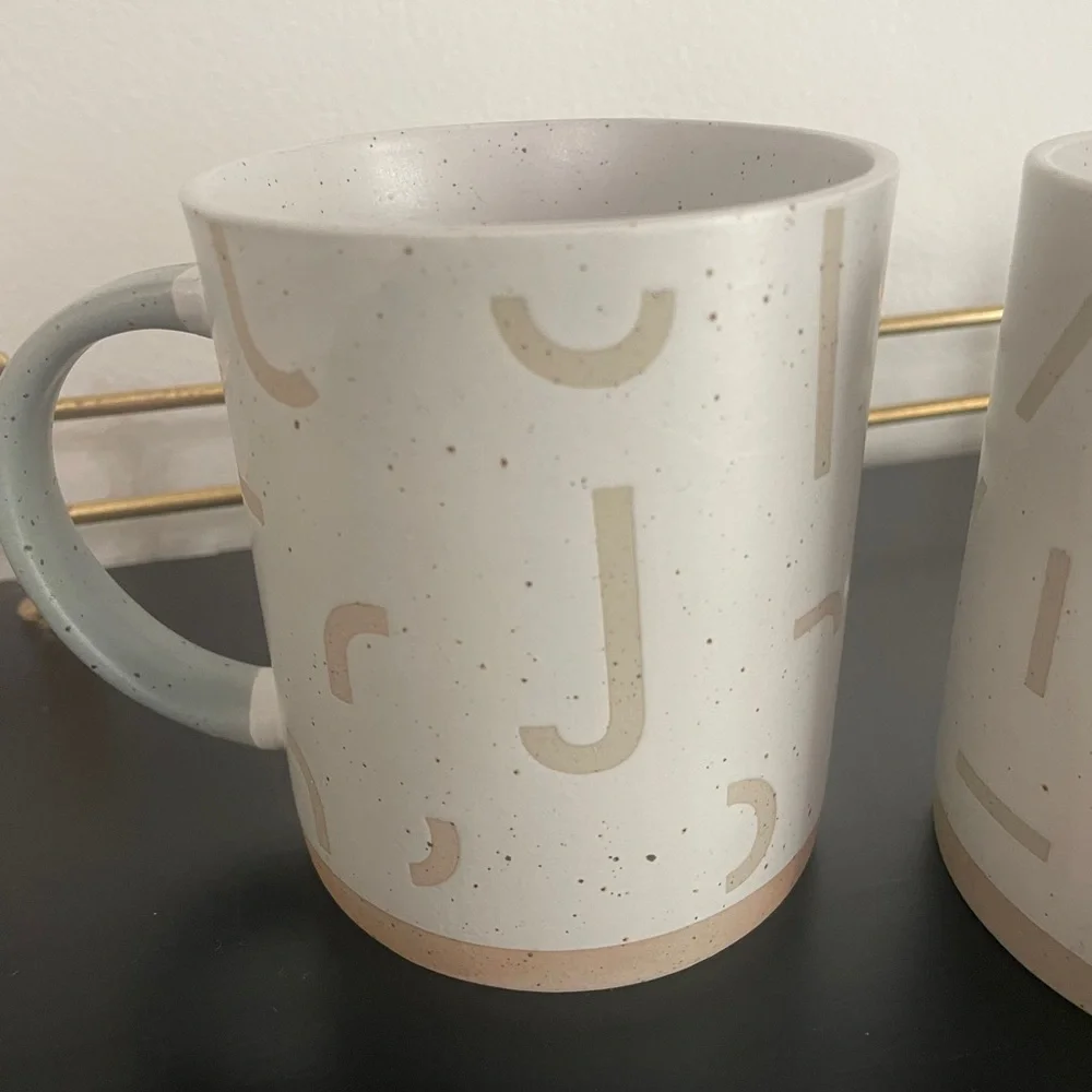 West Elm Confetti Geometric Coffee Mugs Cups Initials J K Pottery Neutral Colors